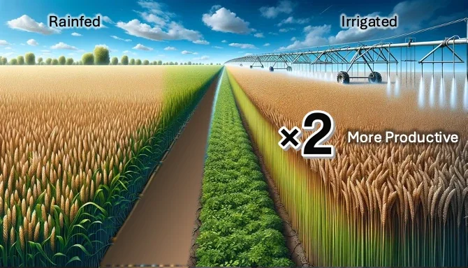 Rainfed wheat beside an irrigated field under a sprinkler: irrigated land is twice as productive.