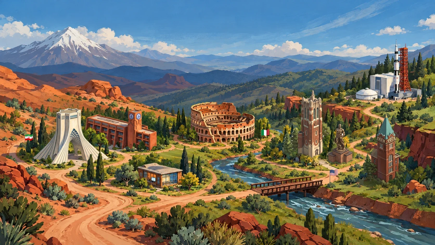 A painted landscape with the places of my journey: Sharif University and the Azadi tower in Tehran, a small startup office, the Colosseum for Italy, Michigan State's Beaumont Tower and Spartan statue, Georgia Tech's Tech Tower, and a NASA building and rocket, with the flags of Iran, Italy and the United States.