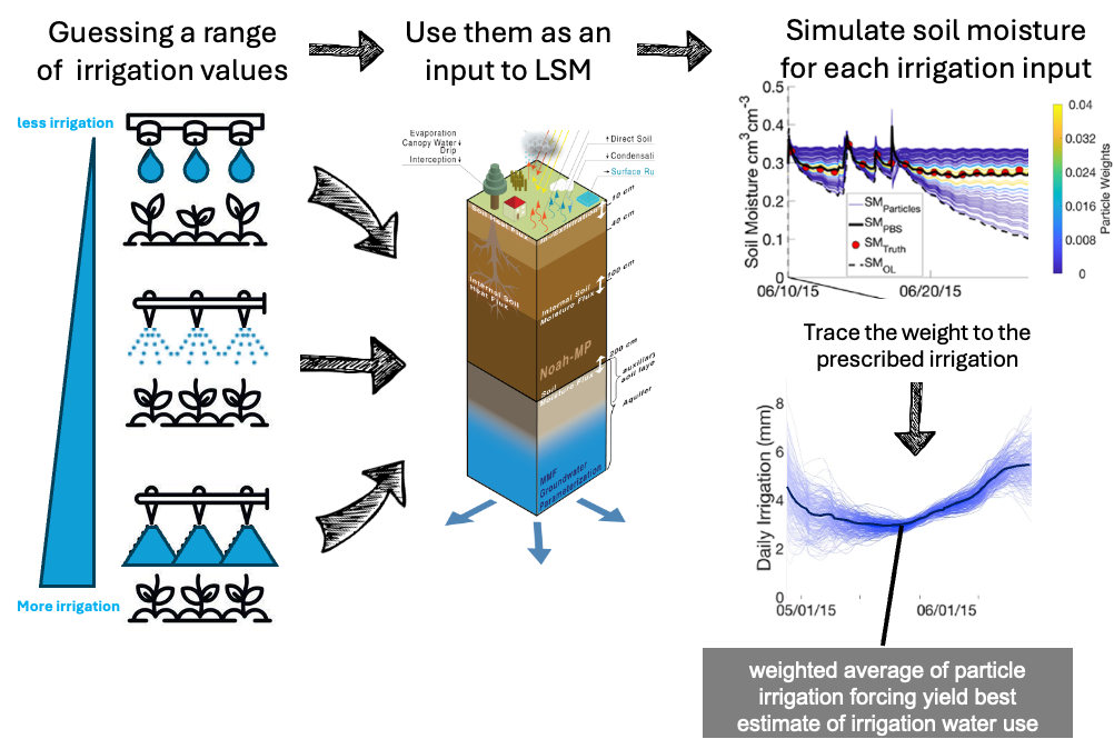 Estimating irrigation with a particle batch smoother and a land surface model.