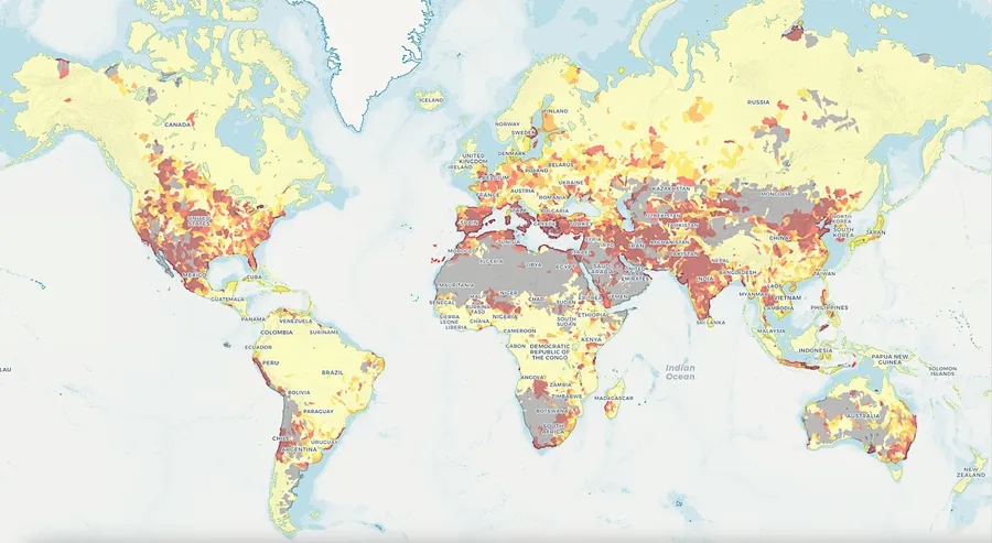 World map of baseline water stress, the ratio of water demand to available supply; the highest stress is in the Middle East, South Asia, northern China and the western United States.